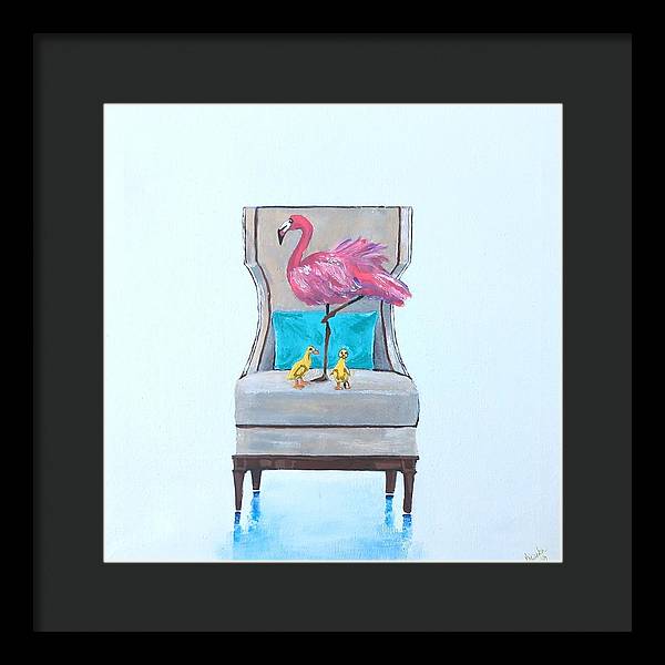 Flamingo n baby ducks on chair - Framed Print