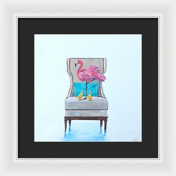 Flamingo n baby ducks on chair - Framed Print