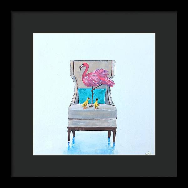 Flamingo n baby ducks on chair - Framed Print