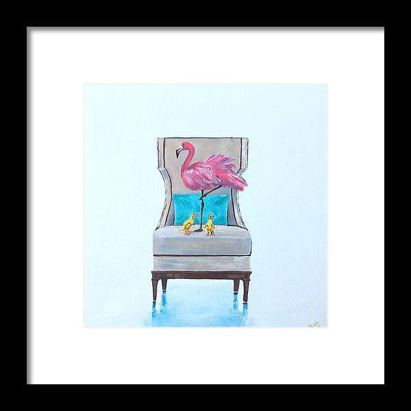 Flamingo n baby ducks on chair - Framed Print