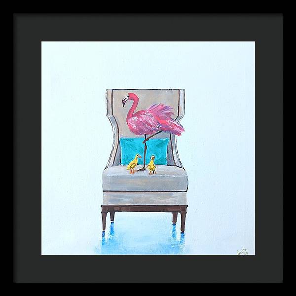 Flamingo n baby ducks on chair - Framed Print