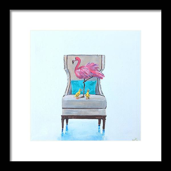Flamingo n baby ducks on chair - Framed Print