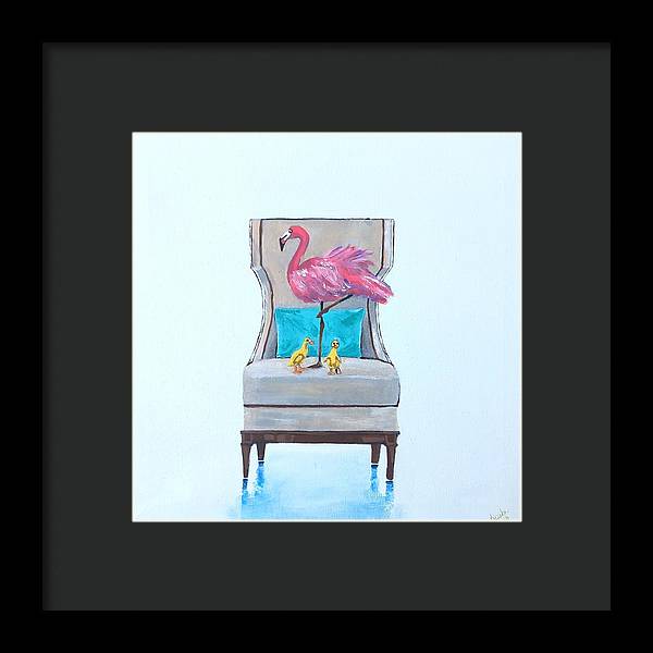 Flamingo n baby ducks on chair - Framed Print