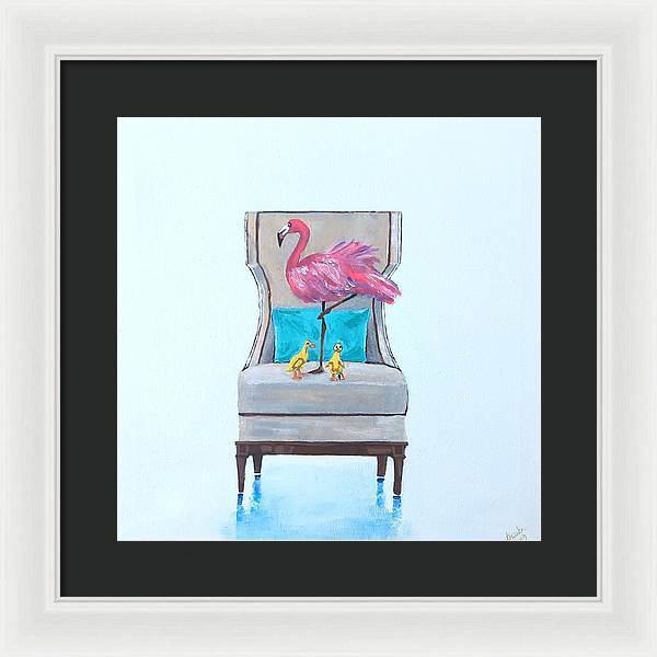 Flamingo n baby ducks on chair - Framed Print