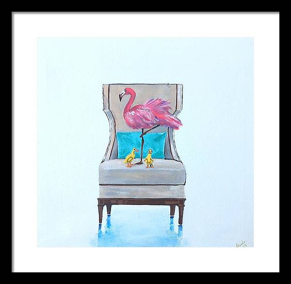 Flamingo n baby ducks on chair - Framed Print