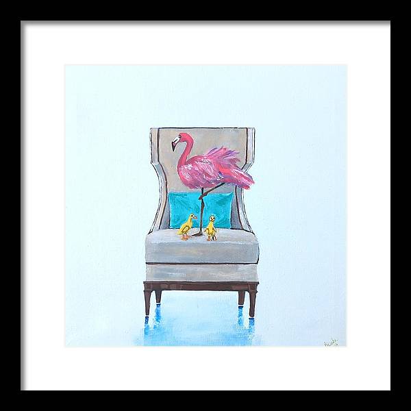 Flamingo n baby ducks on chair - Framed Print