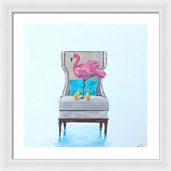 Flamingo n baby ducks on chair - Framed Print
