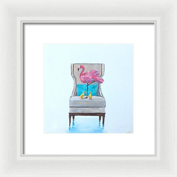 Flamingo n baby ducks on chair - Framed Print