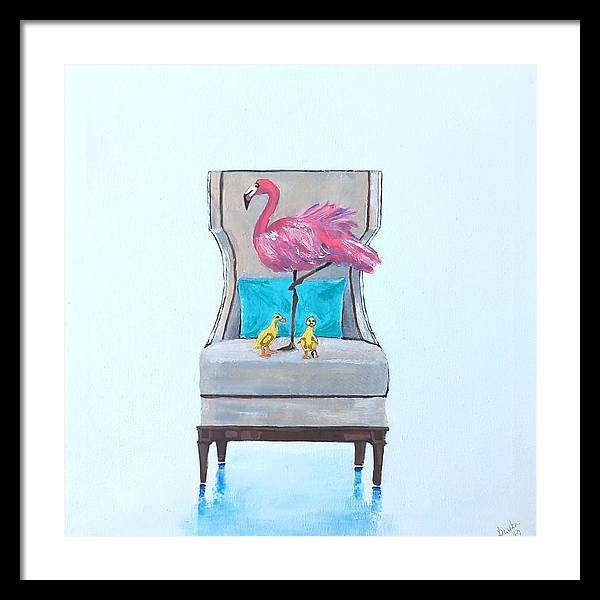Flamingo n baby ducks on chair - Framed Print