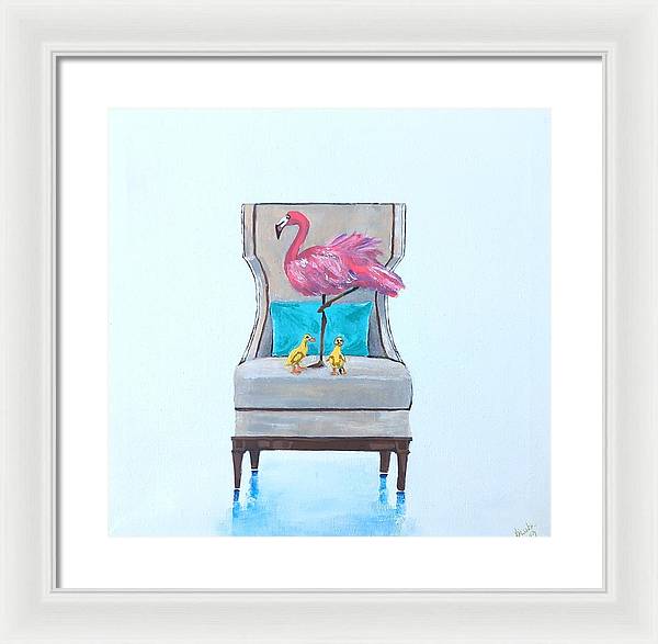 Flamingo n baby ducks on chair - Framed Print