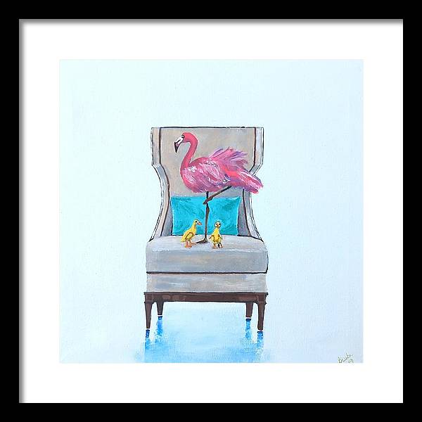Flamingo n baby ducks on chair - Framed Print