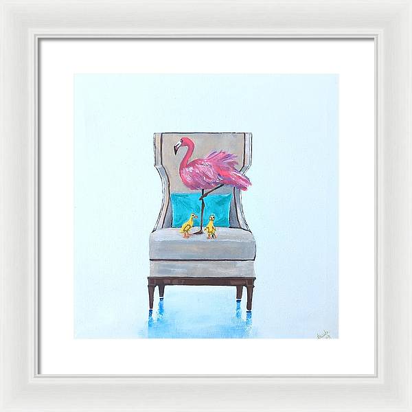 Flamingo n baby ducks on chair - Framed Print