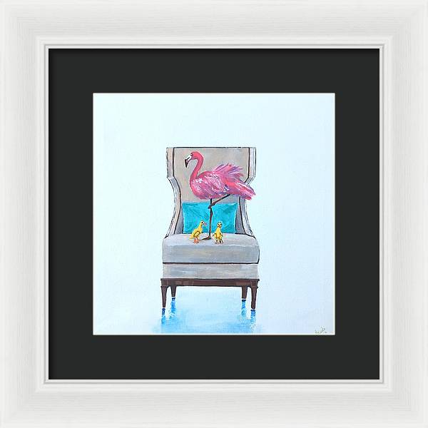 Flamingo n baby ducks on chair - Framed Print