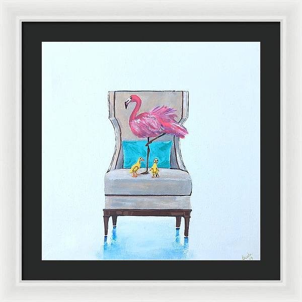Flamingo n baby ducks on chair - Framed Print