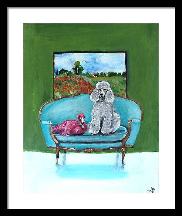 Poodle Flamingo on Chair - Framed Print