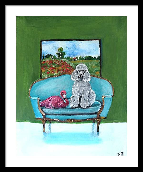 Poodle Flamingo on Chair - Framed Print