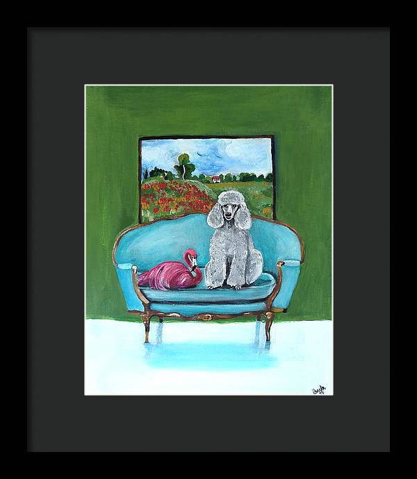Poodle Flamingo on Chair - Framed Print
