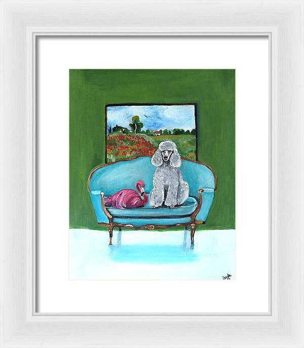 Poodle Flamingo on Chair - Framed Print