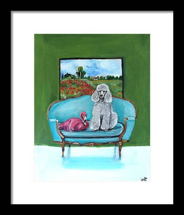 Poodle Flamingo on Chair - Framed Print
