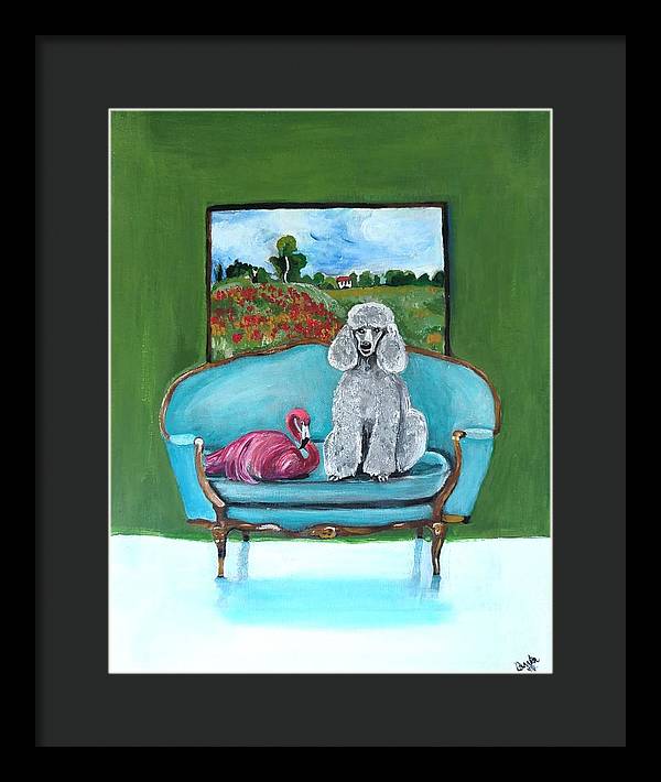Poodle Flamingo on Chair - Framed Print