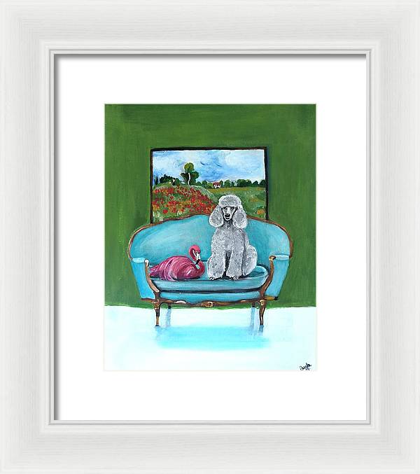 Poodle Flamingo on Chair - Framed Print