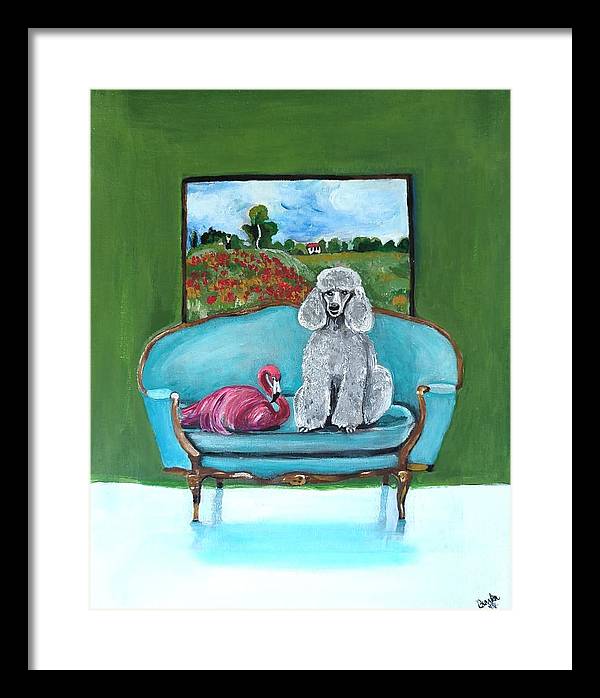 Poodle Flamingo on Chair - Framed Print
