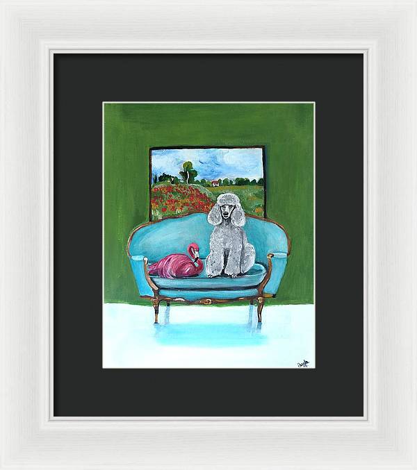 Poodle Flamingo on Chair - Framed Print