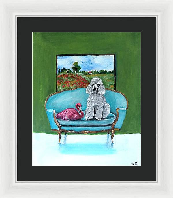 Poodle Flamingo on Chair - Framed Print