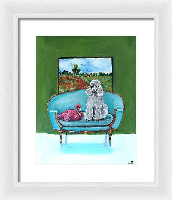 Poodle Flamingo on Chair - Framed Print