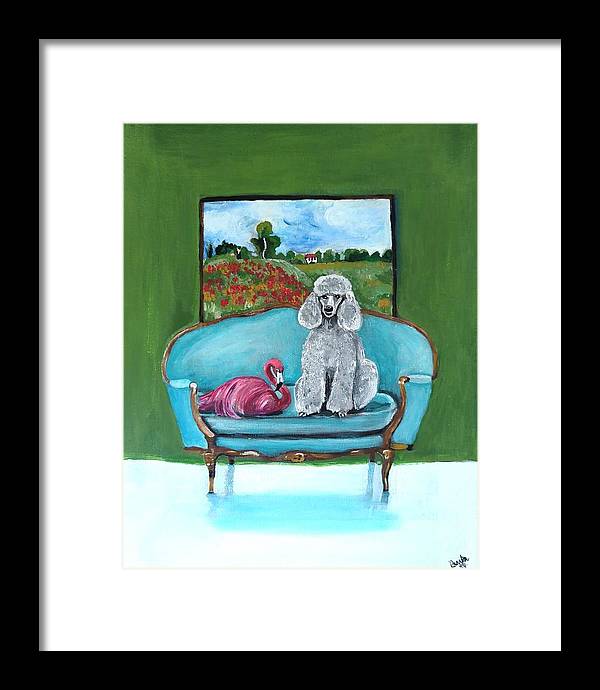 Poodle Flamingo on Chair - Framed Print