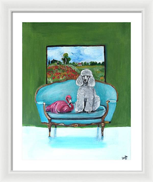 Poodle Flamingo on Chair - Framed Print