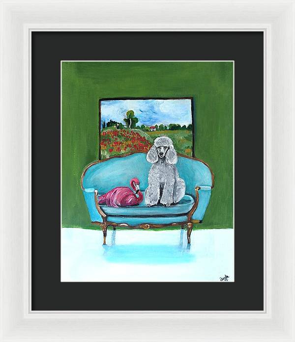 Poodle Flamingo on Chair - Framed Print