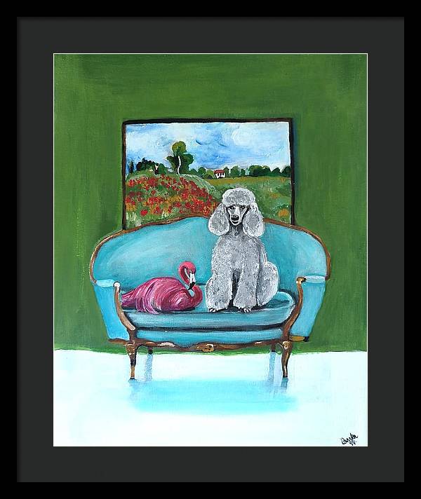 Poodle Flamingo on Chair - Framed Print