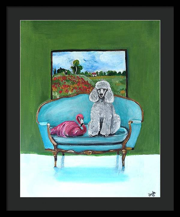 Poodle Flamingo on Chair - Framed Print