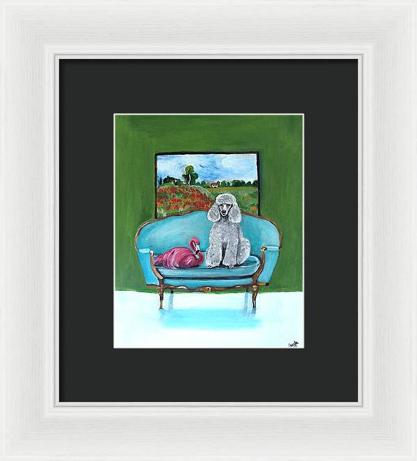 Poodle Flamingo on Chair - Framed Print