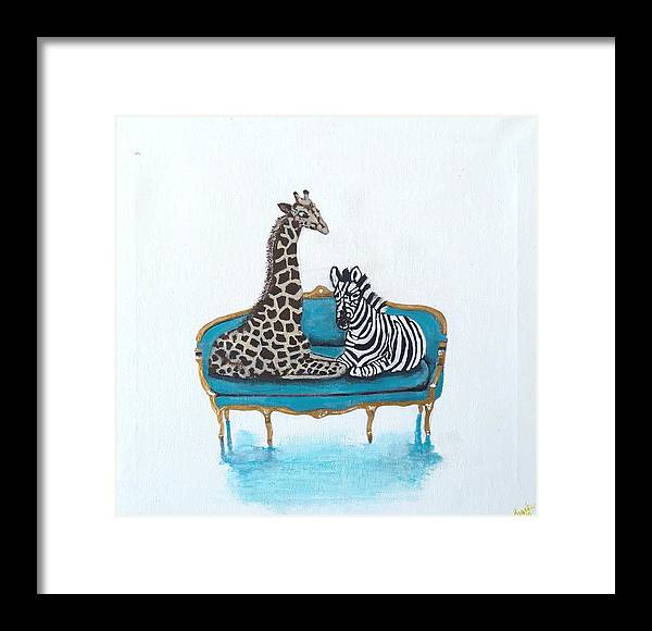 Giraffe Zebra on chair - Framed Print