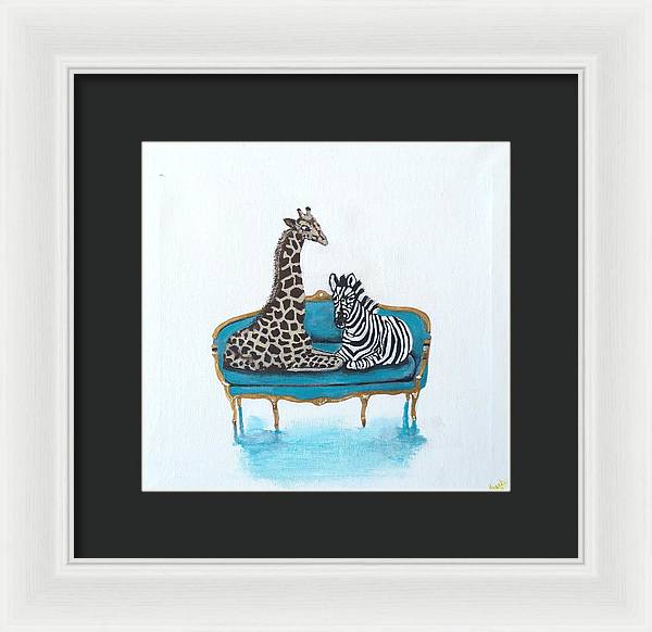 Giraffe Zebra on chair - Framed Print