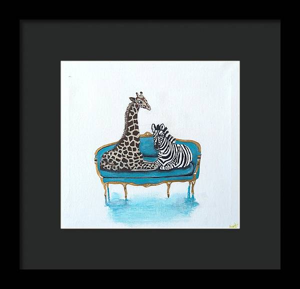 Giraffe Zebra on chair - Framed Print