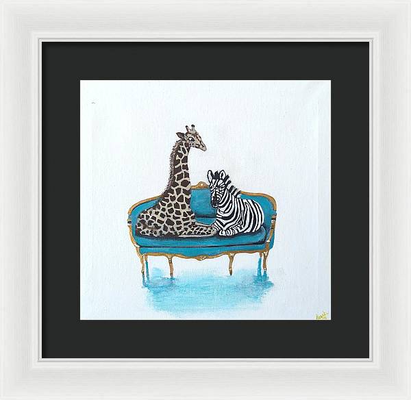 Giraffe Zebra on chair - Framed Print