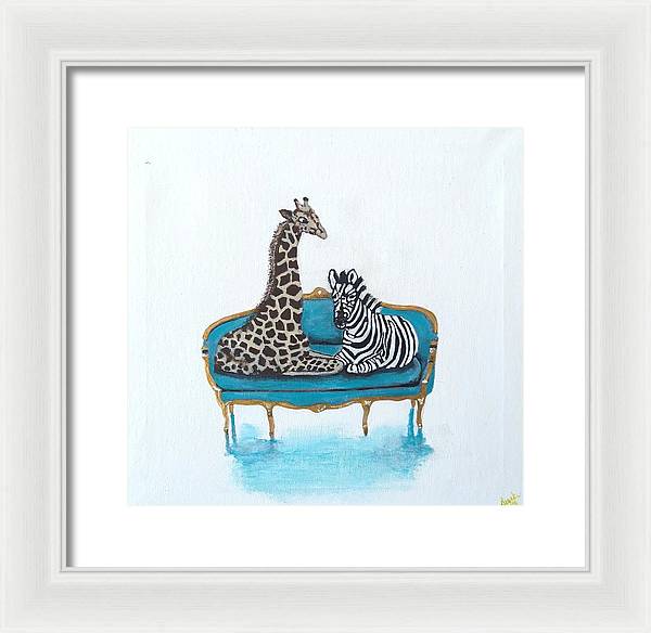 Giraffe Zebra on chair - Framed Print