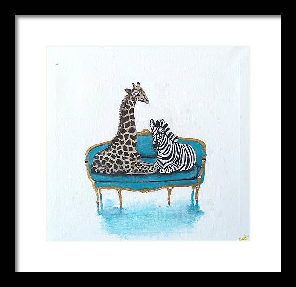 Giraffe Zebra on chair - Framed Print