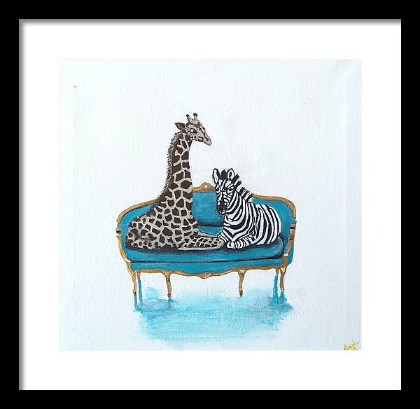 Giraffe Zebra on chair - Framed Print