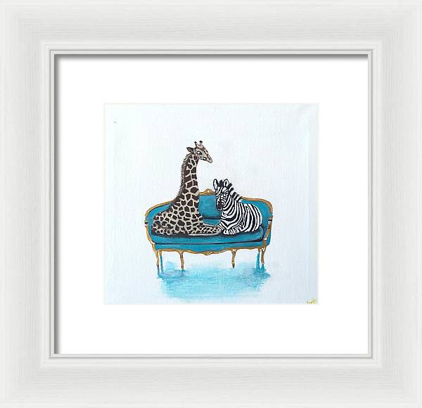 Giraffe Zebra on chair - Framed Print