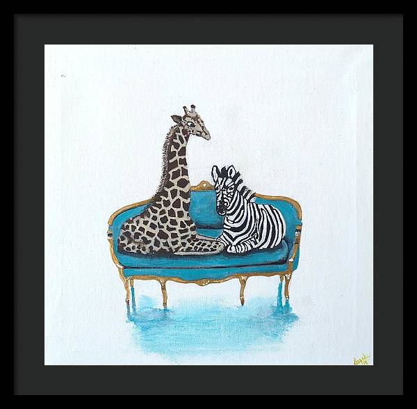 Giraffe Zebra on chair - Framed Print