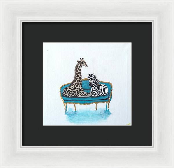 Giraffe Zebra on chair - Framed Print