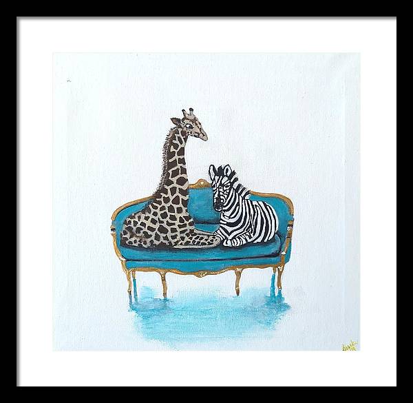 Giraffe Zebra on chair - Framed Print