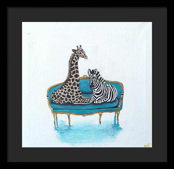 Giraffe Zebra on chair - Framed Print