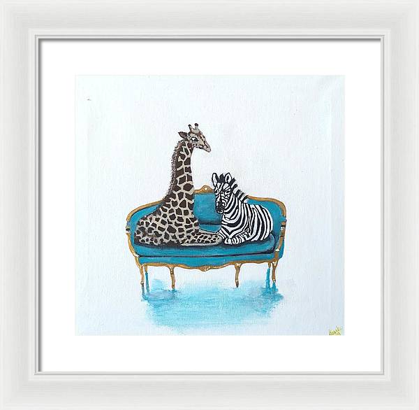 Giraffe Zebra on chair - Framed Print