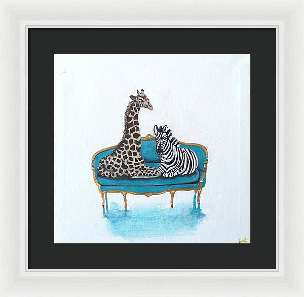 Giraffe Zebra on chair - Framed Print