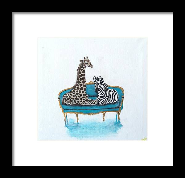 Giraffe Zebra on chair - Framed Print